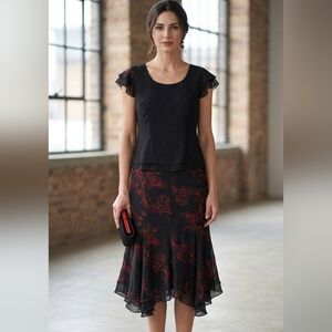 Classic Black Cocktail 2 Piece Hi Low Skirt & Top Set With Red Embroidery Sz L